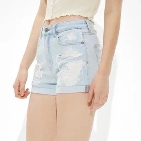 American Eagle Mom Short Distressed Destroyed Stretch High Rise Light Blue 8 - Picture 10 of 10
